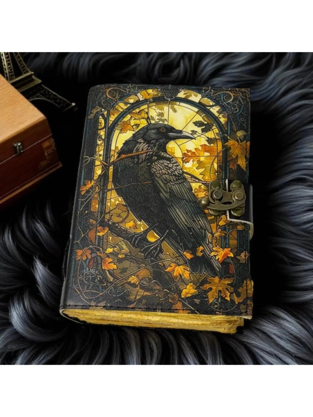 Sakura Vintage Leather Journal Raven Autumn Gothic Grimoire Black Gold C-Lock